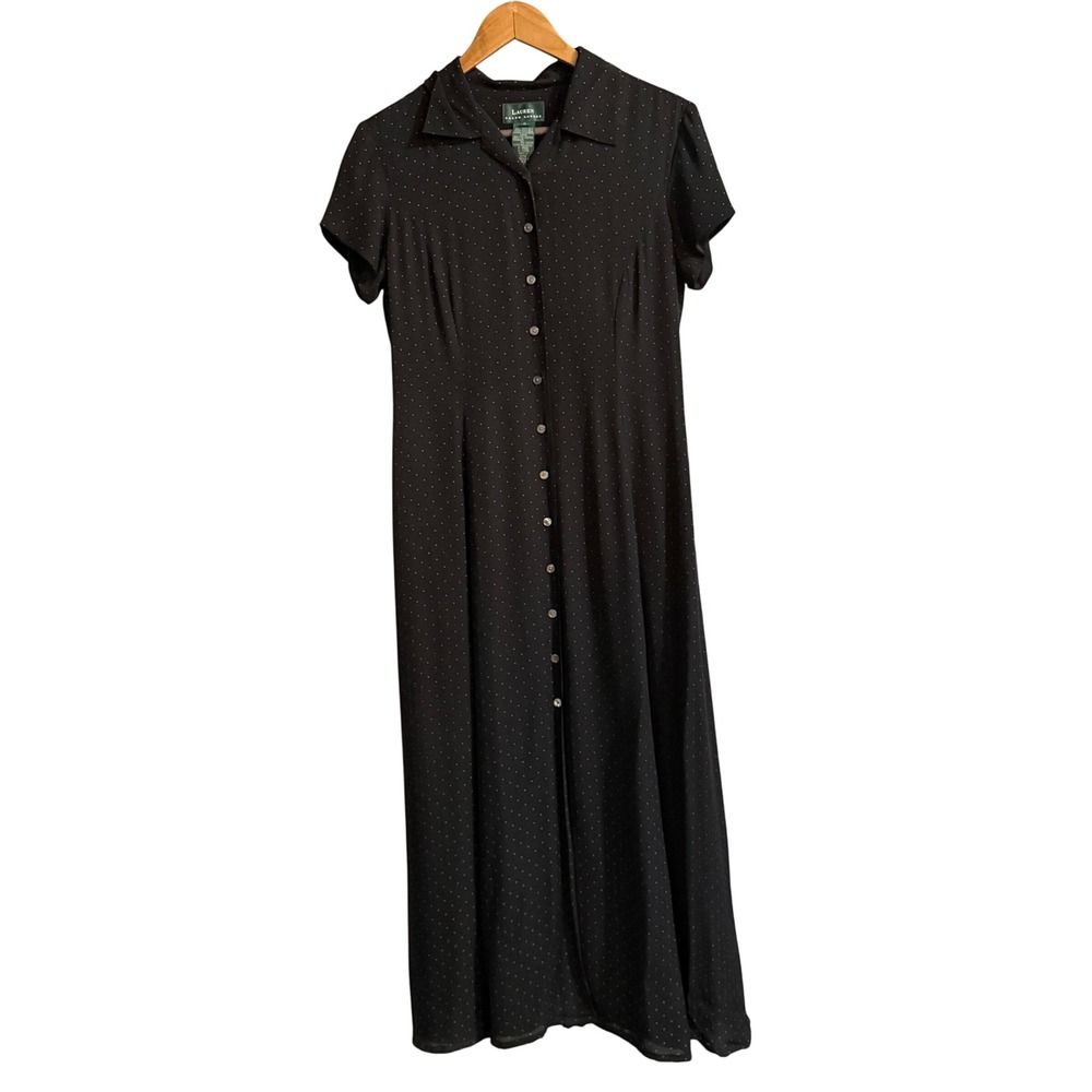 Lauren Ralph Lauren Silk Polka Dot Button Front Long Dress Size 8 Pin Up Classic